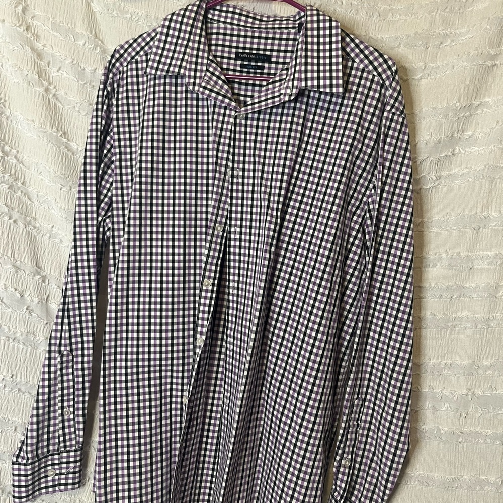 Van Heusen Purple and Black checkered dress shirt size 17-17 1/2.